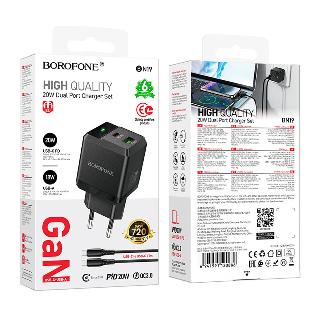 Incarcator Retea Cu Cablu USB-C Borofone BN19 Intenso, 20W, 3A, 1 x USB-A - 1 x USB-C, Negru