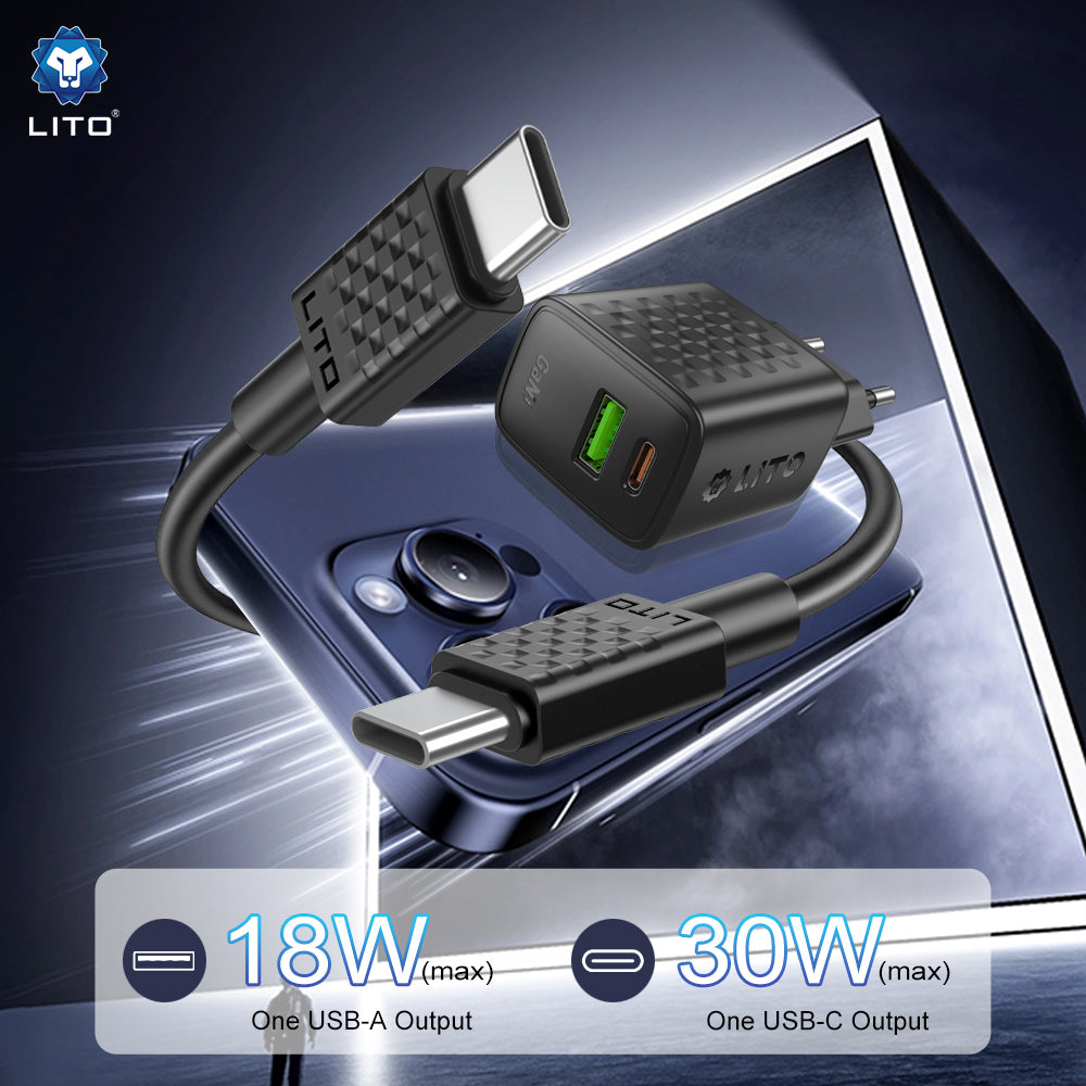 Incarcator Retea Cu Cablu USB-C Lito LC19T, 30W, 3A, 1 x USB-A - 1 x USB-C, Negru