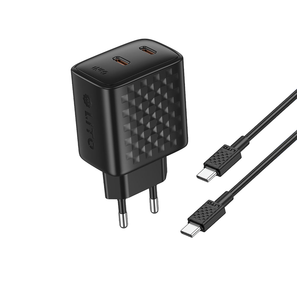 Incarcator Retea Cu Cablu USB-C Lito LC22T, 45W, 3A, 2 x USB-C, Negru