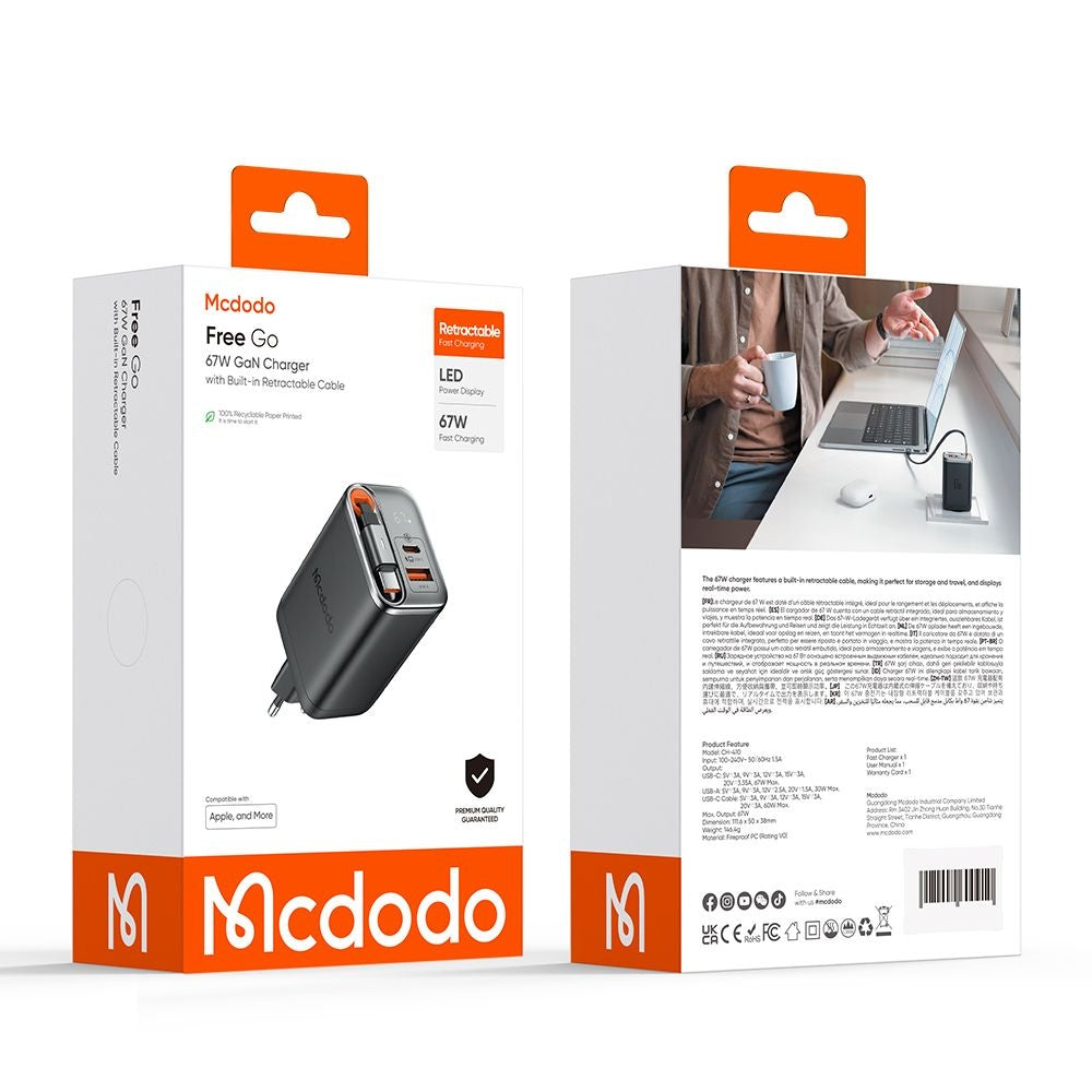 Incarcator Retea Cu Cablu USB-C McDodo CH-4100 FreeGo Display, 67W, 3.35A, 1 x USB-A - 1 x USB-C, Negru