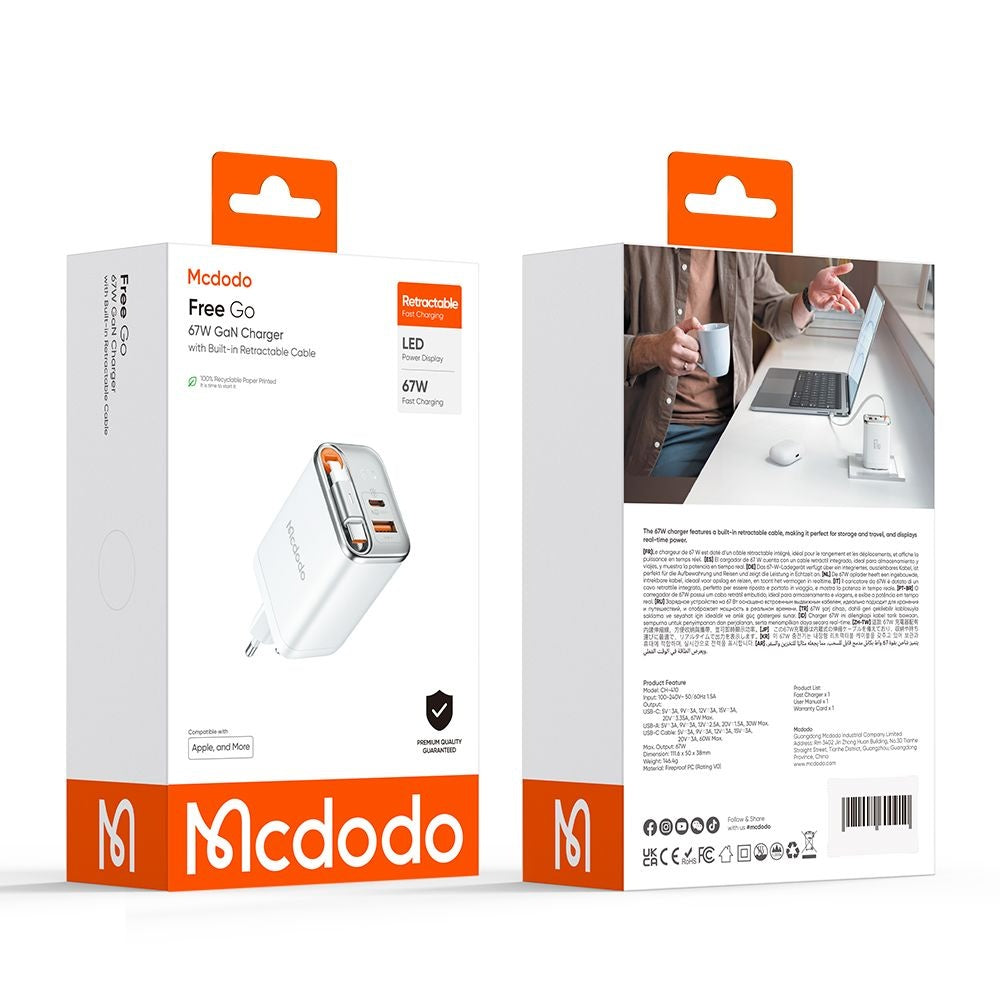 Incarcator Retea Cu Cablu USB-C McDodo CH-4103 FreeGo Display, 67W, 3.35A, 1 x USB-A - 1 x USB-C, Alb