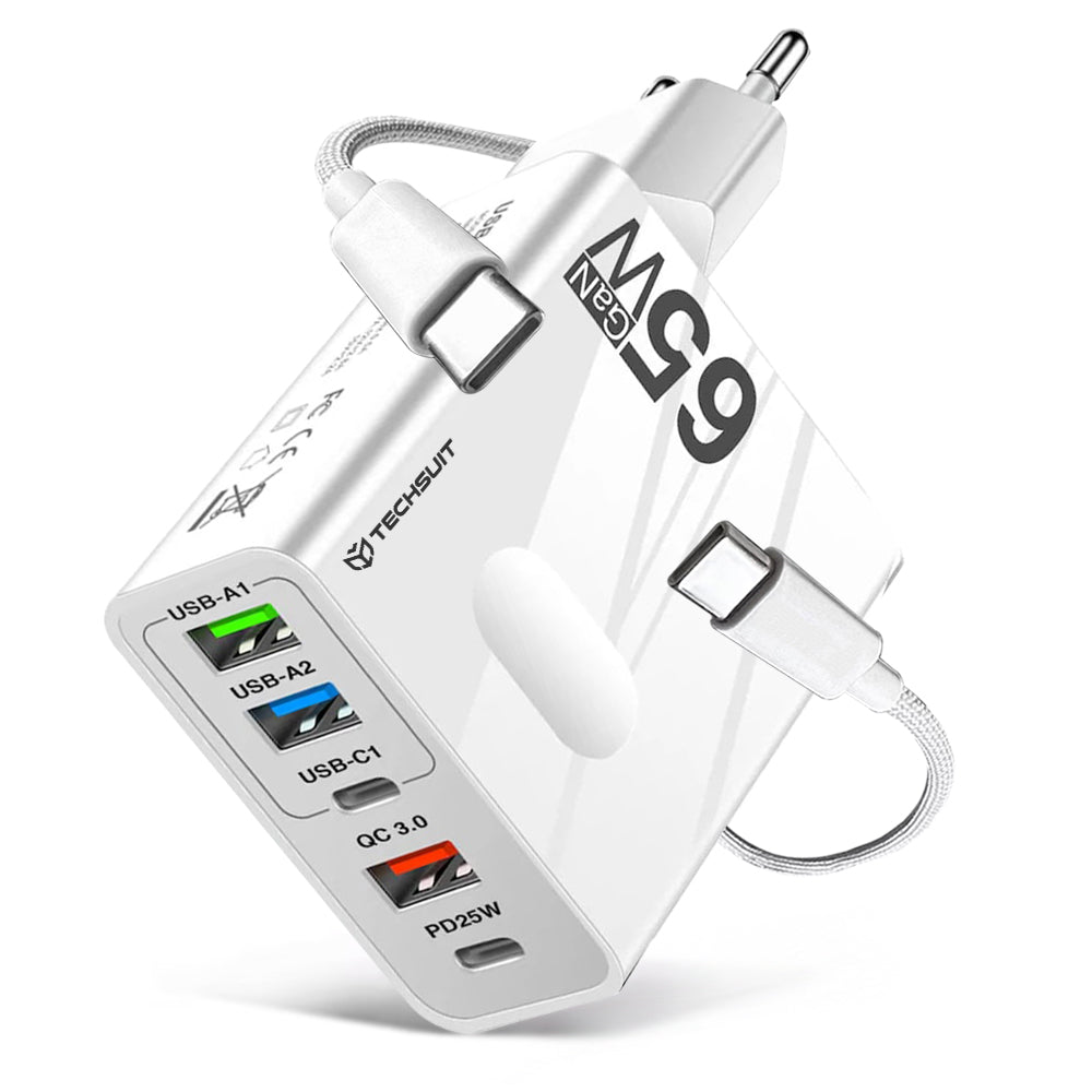 Incarcator Retea Cu Cablu USB-C Techsuit CHC1 PentaXPower, 25W, 3A, 3 x USB-A - 2 x USB-C, Alb