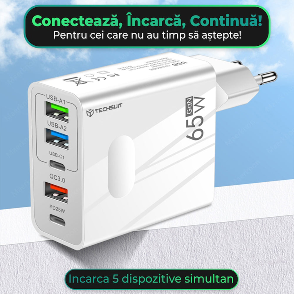 Incarcator Retea Cu Cablu USB-C Techsuit CHC1 PentaXPower, 25W, 3A, 3 x USB-A - 2 x USB-C, Negru