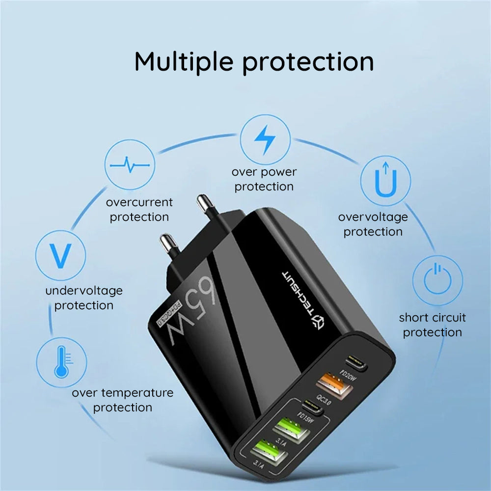 Incarcator Retea Cu Cablu USB-C Techsuit CHC2 PentaXPower, 20W, 3A, 3 x USB-A - 2 x USB-C, Alb