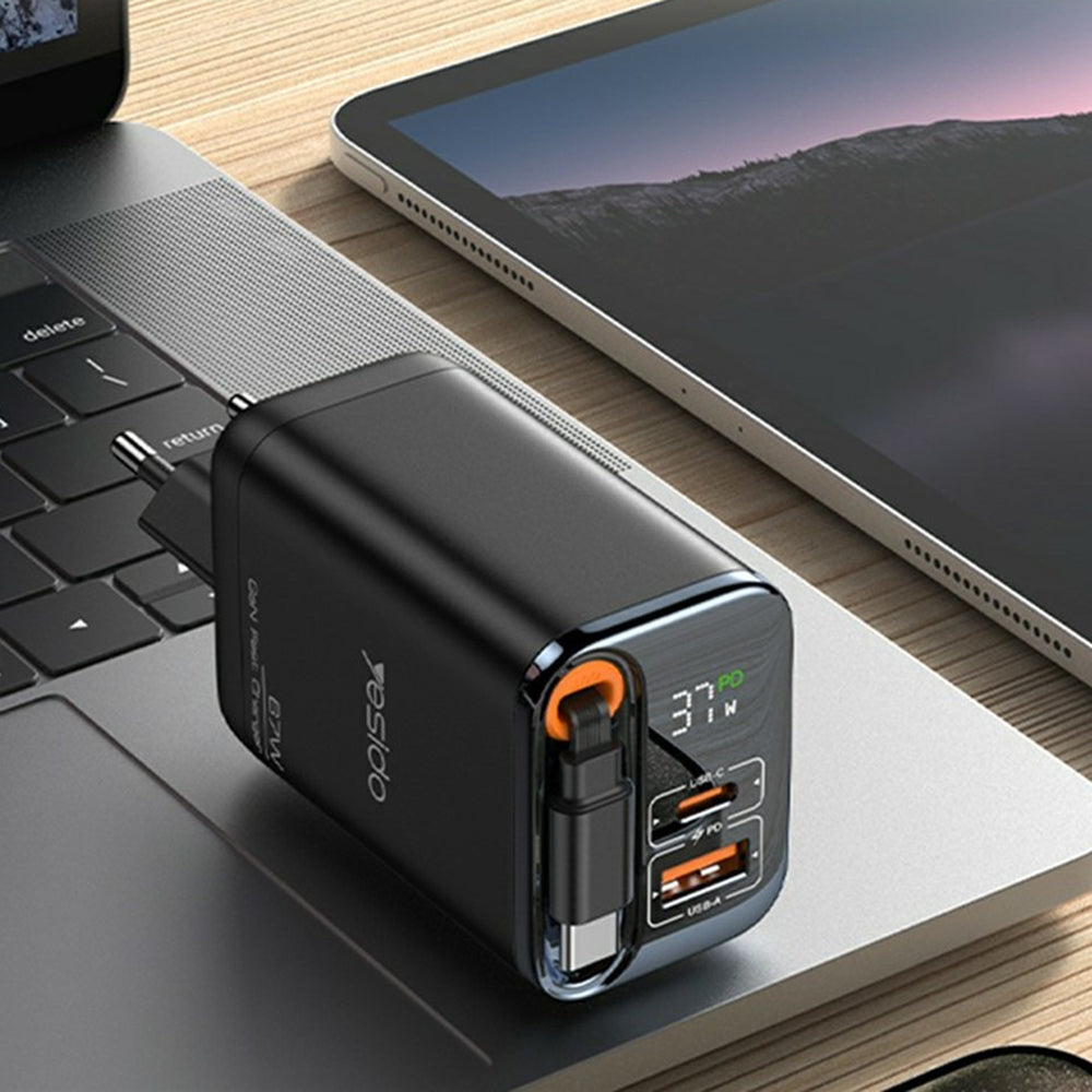 Incarcator Retea cu Cablu USB-C Yesido YC100 Display, 67W, 3.35A, 1 x USB-A - 1 x USB-C, Negru