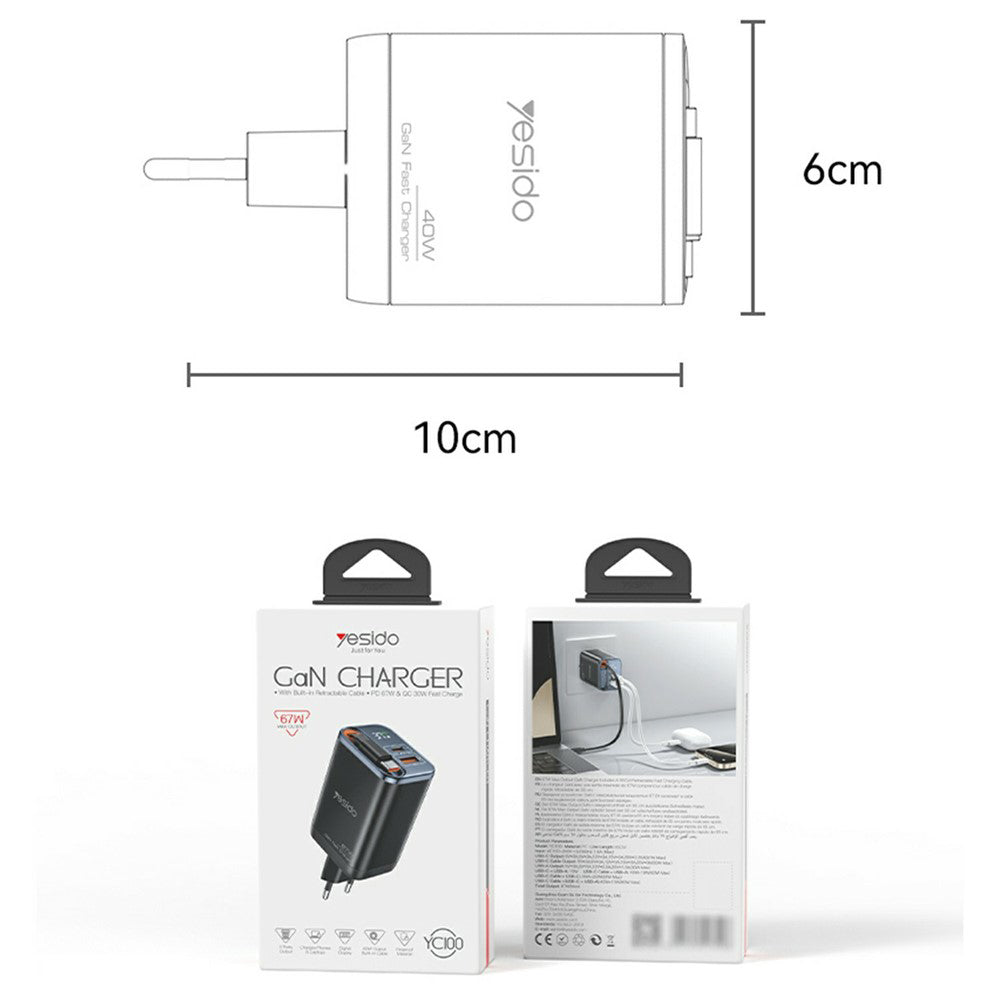 Incarcator Retea cu Cablu USB-C Yesido YC100 Display, 67W, 3.35A, 1 x USB-A - 1 x USB-C, Negru