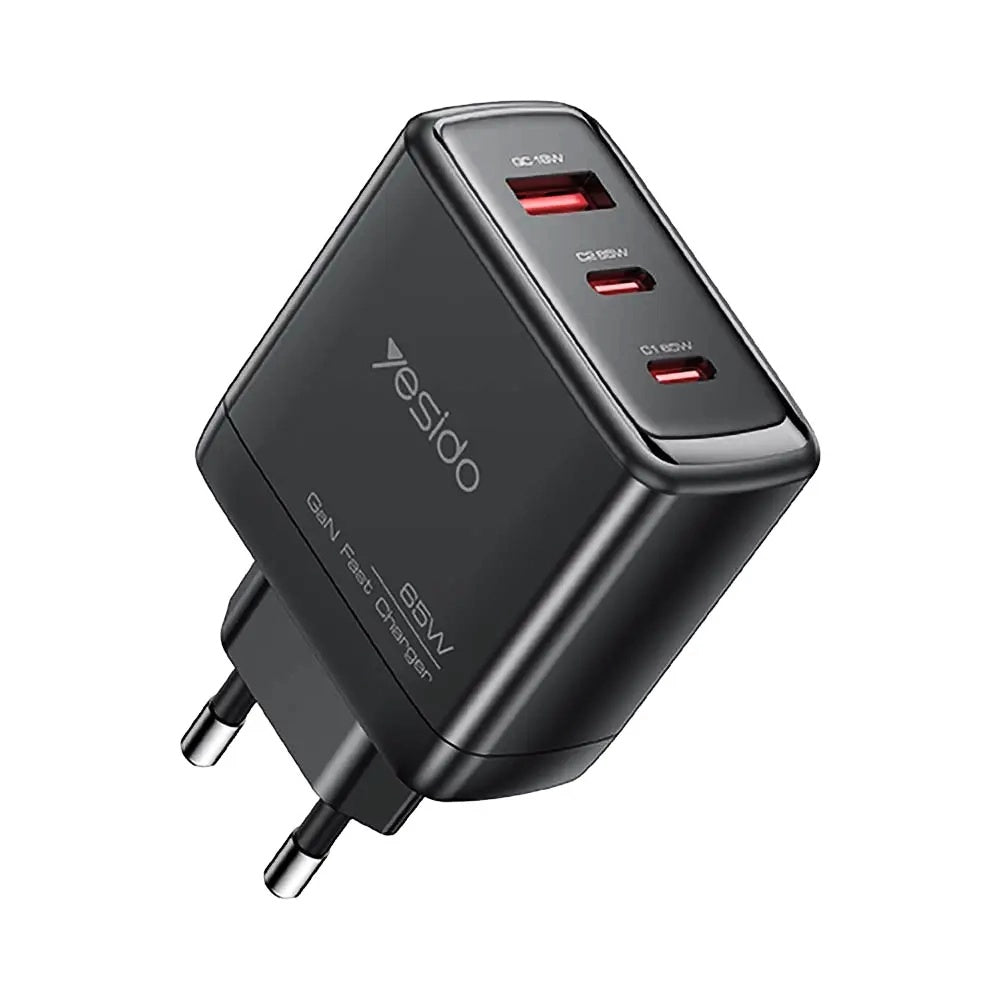 Incarcator Retea Cu Cablu USB-C Yesido YC144C, 65W, 3.25A, 1 x USB-A - 2 x USB-C, Negru