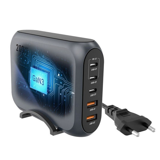 Incarcator Retea Forcell F-ENERGY GaN III VT-51, 200W, 5A, 2 x USB-A - 3 x USB-C, Gri