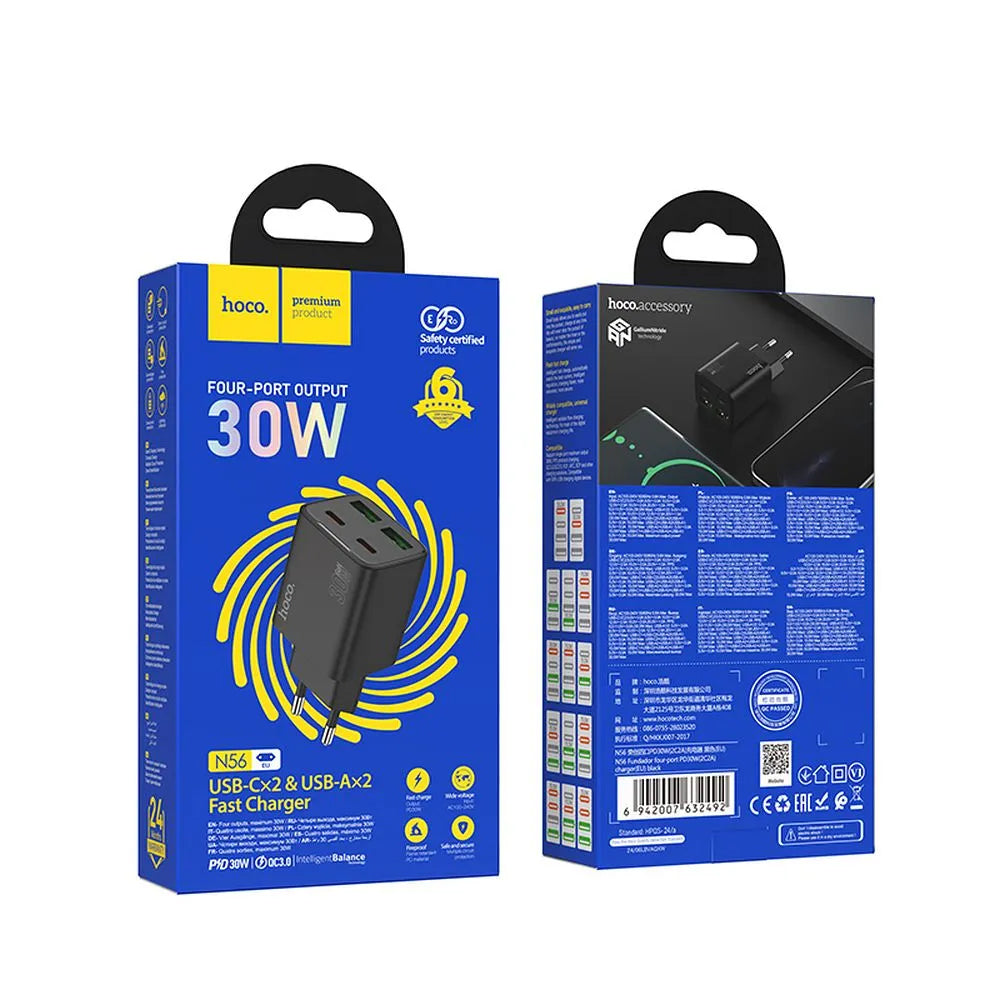 Incarcator Retea HOCO N56, 30W, 3A, 2 x USB-A - 2 x USB-C, Negru