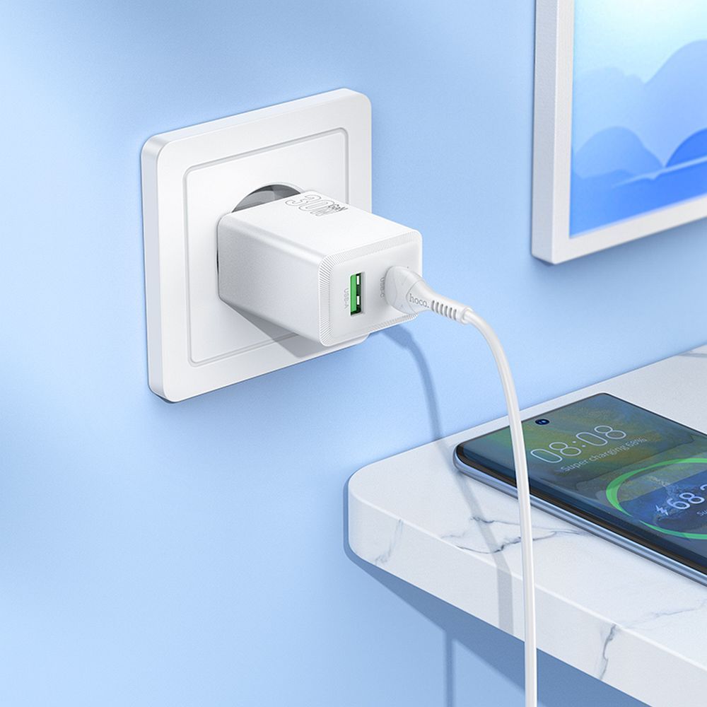 Incarcator Retea HOCO N71, 30W, 3A, 1 x USB-A - 1 x USB-C, Alb