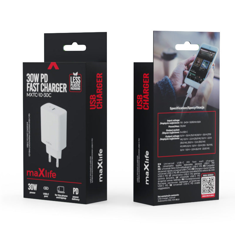 Incarcator Retea MaXlife MXTC-10-30C, 30W, 3A, 1 x USB-C, Alb