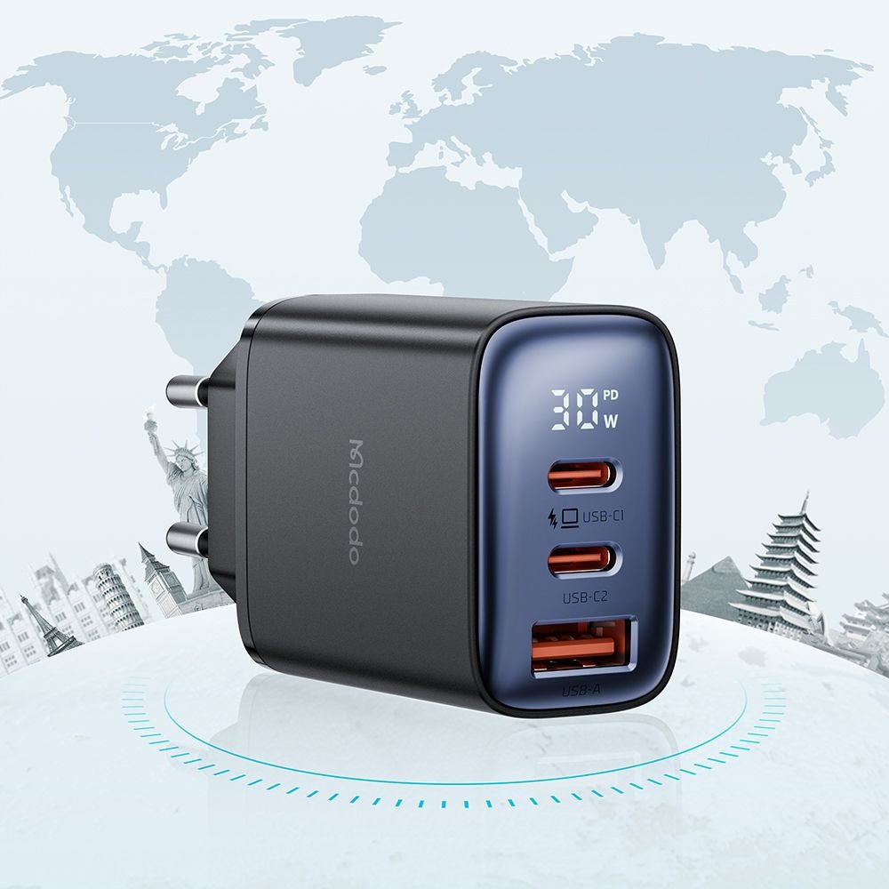 Incarcator Retea McDodo CH-2180 Display, 30W, 3A, 1 x USB-A - 2 x USB-C, Negru
