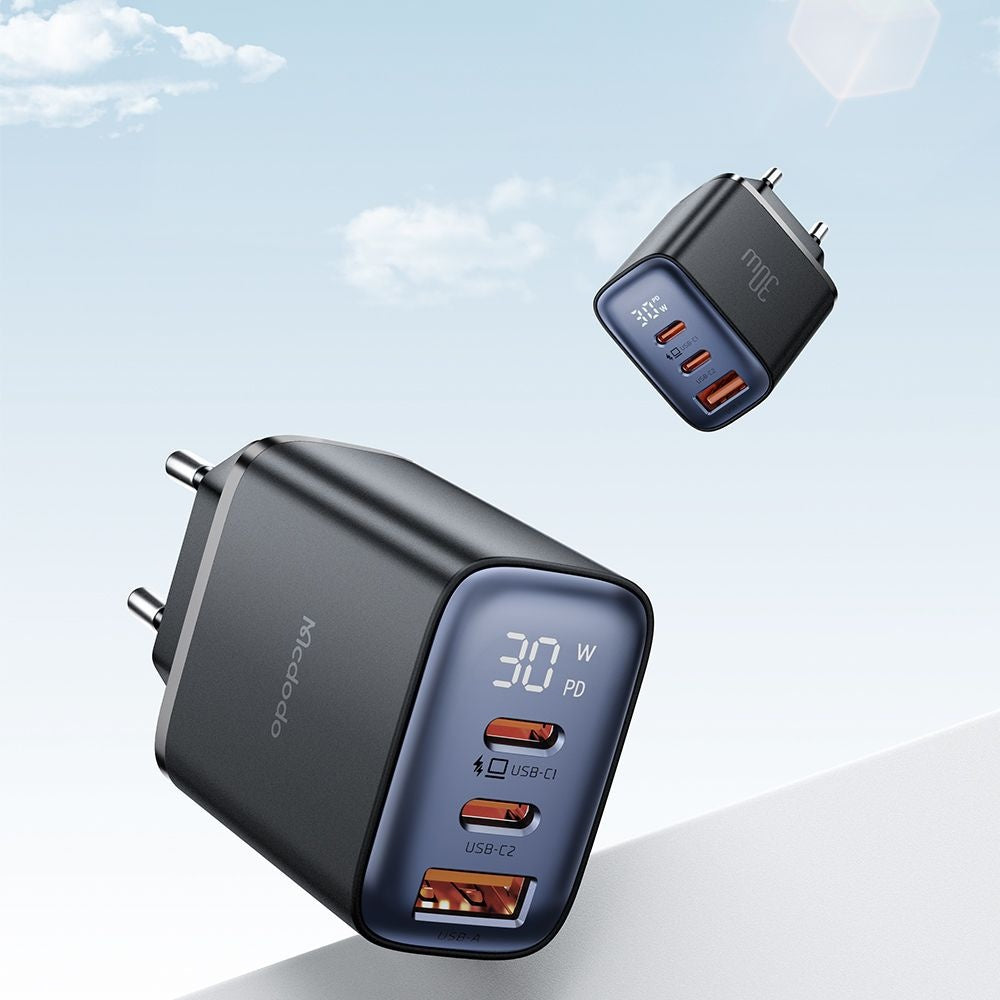 Incarcator Retea McDodo CH-2180 Display, 30W, 3A, 1 x USB-A - 2 x USB-C, Negru
