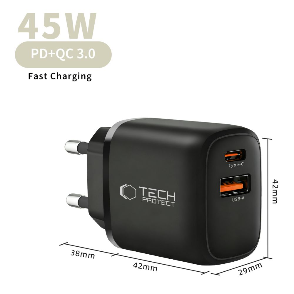 Incarcator Retea Tech-Protect NCA45W, 45W, 3A, 1 x USB-A - 1 x USB-C, Negru