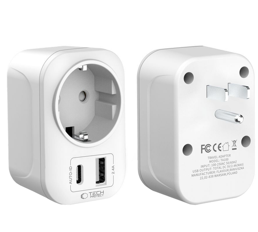 Incarcator Retea Tech-Protect TA100 Travel US, 20W, 3A, 1 x Schuko - 1 x USB-A - 1 x USB-C, Alb