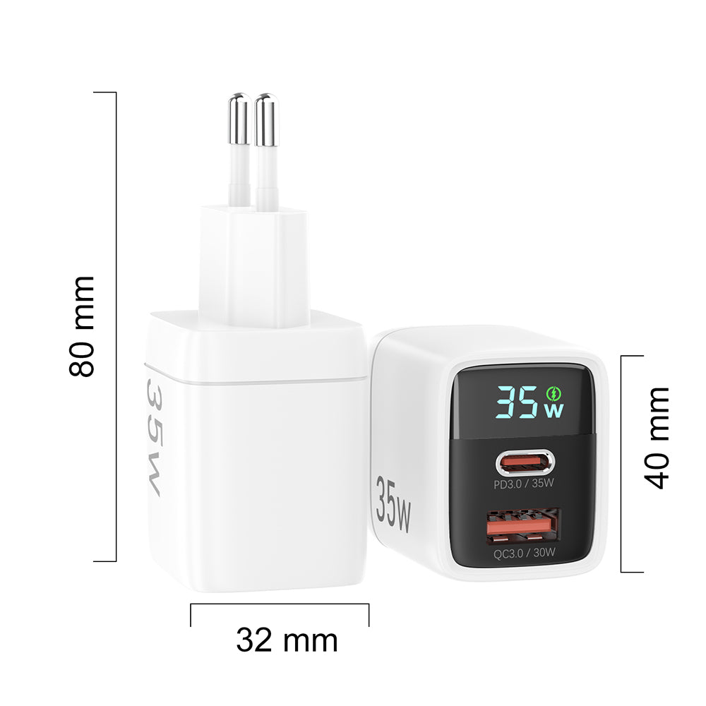Incarcator Retea Techsuit CH3 LEDChargX Display, 35W, 3A, 1 x USB-A - 1 x USB-C, Alb