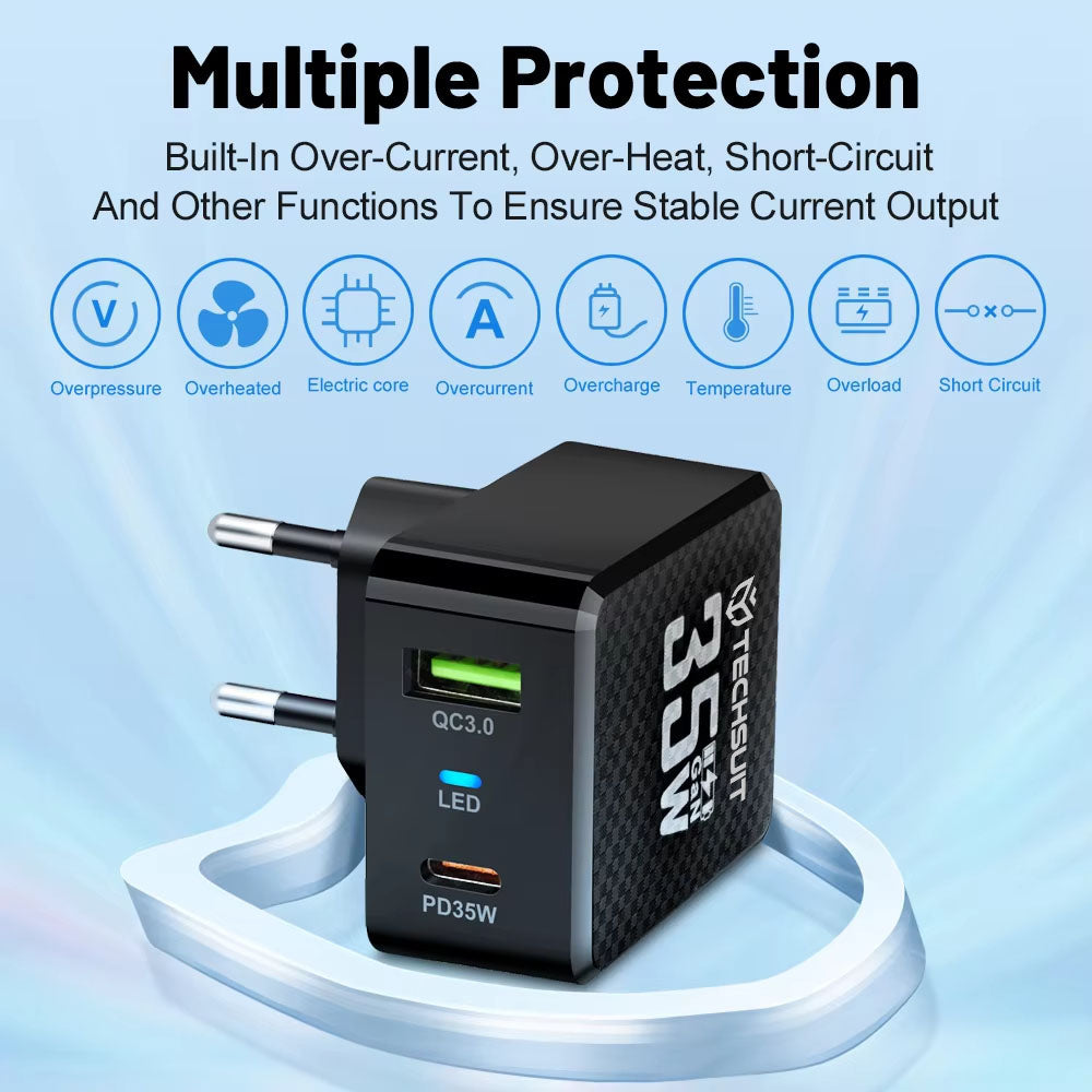 Incarcator Retea Techsuit CHPD173 Tiny, 35W, 3A, 1 x USB-A - 1 x USB-C, Alb