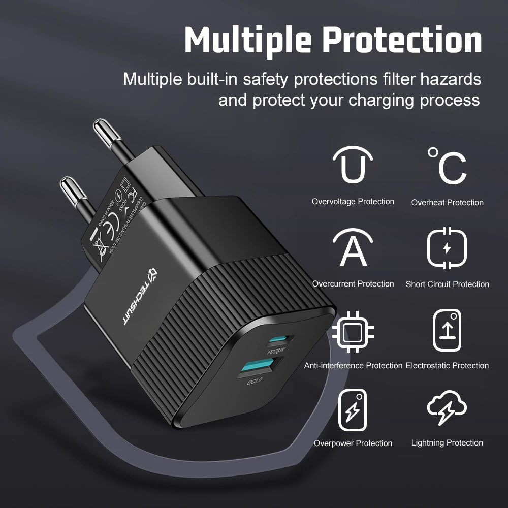 Incarcator Retea Techsuit CHPD216 Tiny, 25W, 3A, 1 x USB-A - 1 x USB-C, Alb
