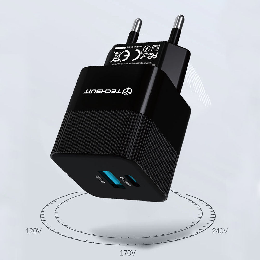 Incarcator Retea Techsuit CHPD216 Tiny, 25W, 3A, 1 x USB-A - 1 x USB-C, Negru