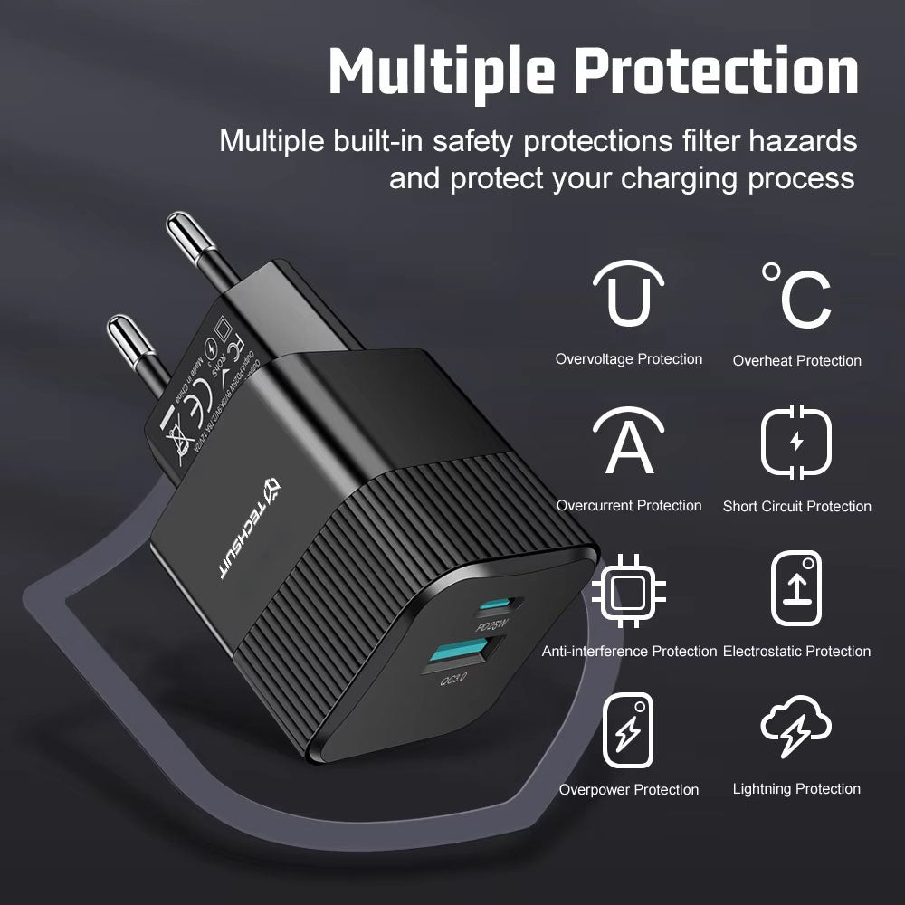 Incarcator Retea Techsuit CHPD216 Tiny, 25W, 3A, 1 x USB-A - 1 x USB-C, Negru