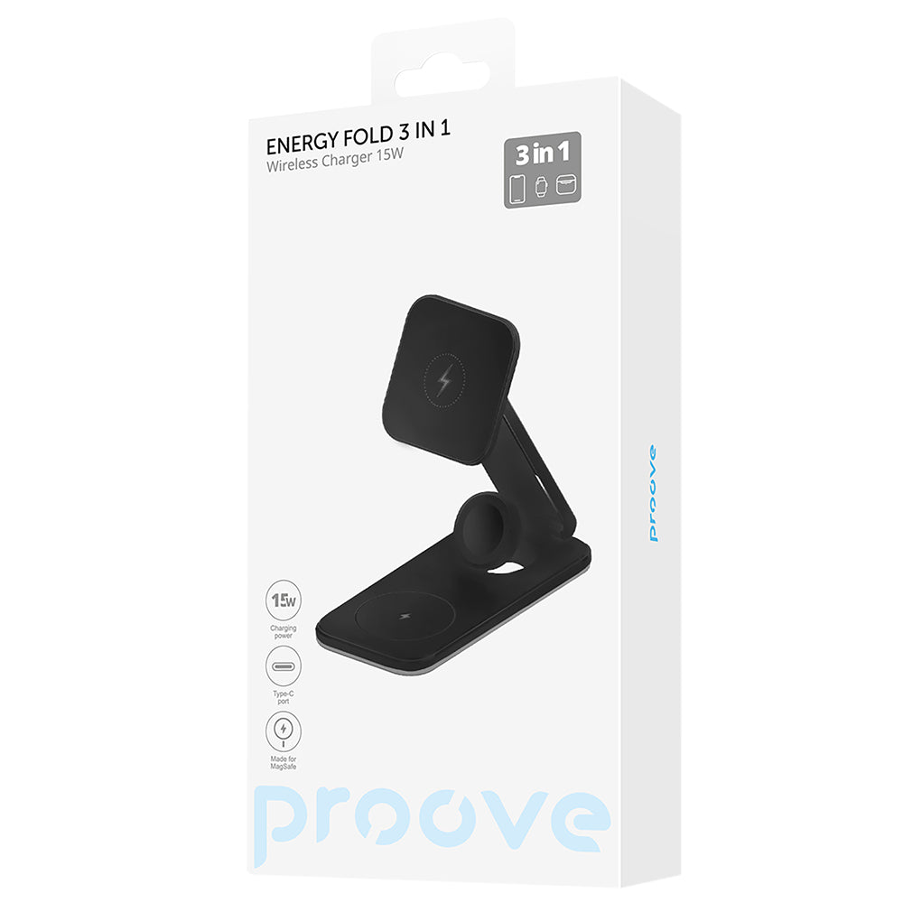 Incarcator Retea Wireless Proove Energy Fold 3in1, 15W, 1.67A, Negru WSEF15010001