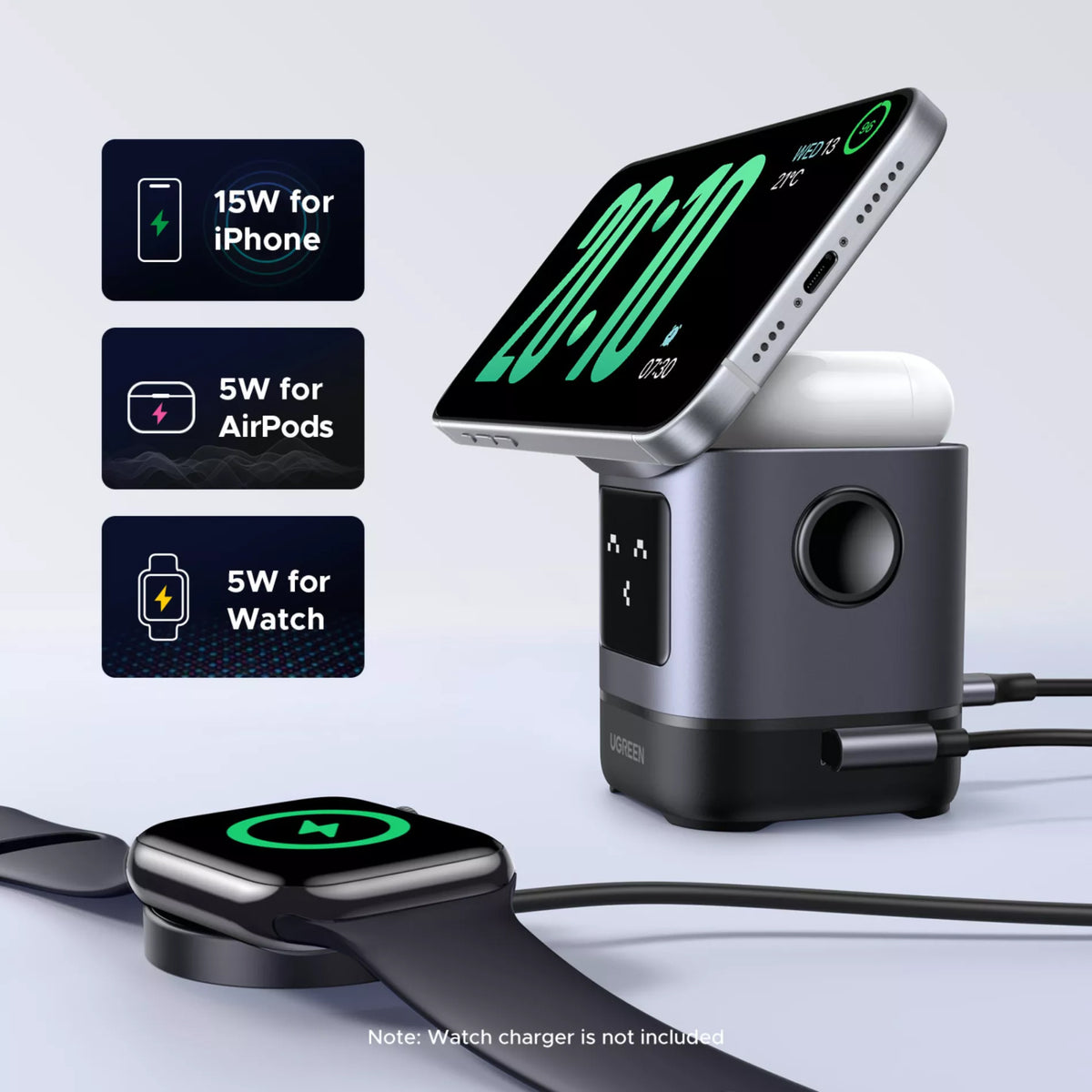 Incarcator Retea Wireless UGREEN W709 Uno 2in1, 15W, 1.67A, Negru
