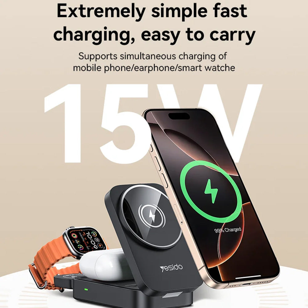 Incarcator Retea Wireless Yesido DS27 3in1, 15W, 1.67A, Negru