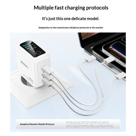 Incarcator Retea Yesido YC114 Display, 140W, 5A, 1 x USB-A - 2 x USB-C, Alb