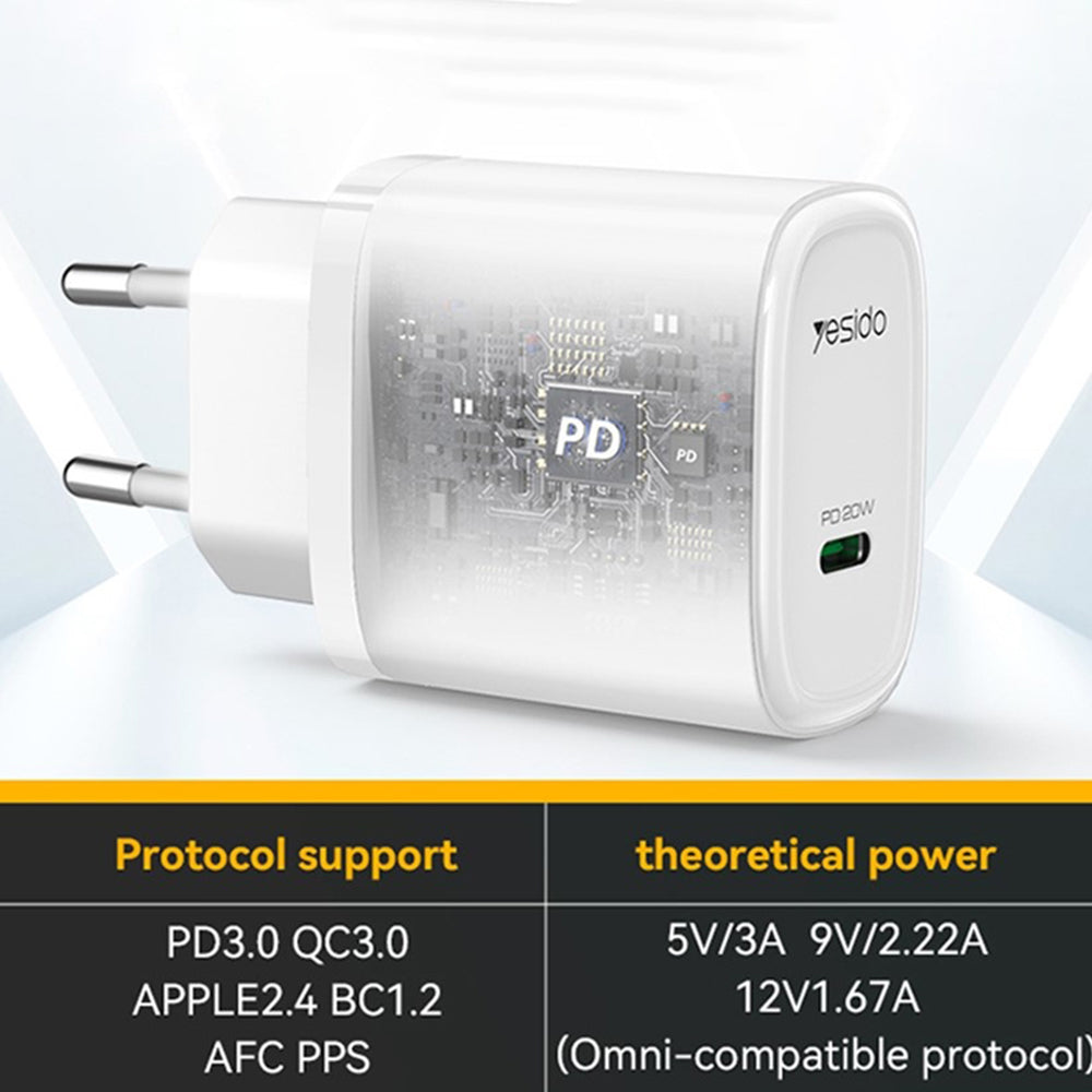 Incarcator Retea Yesido YC57, 20W, 3A, 1 x USB-C, Alb