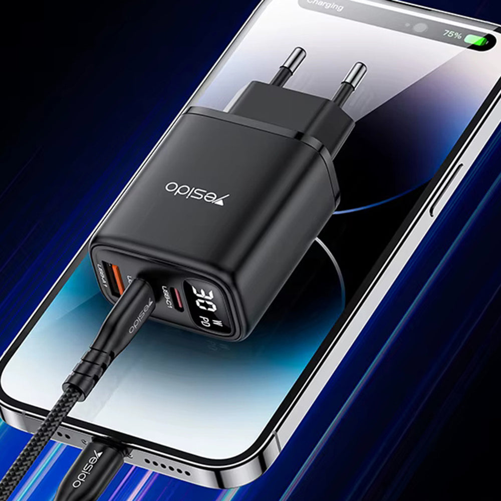 Incarcator Retea Yesido YC69 Display, 30W, 3A, 1 x USB-A - 2 x USB-C, Negru