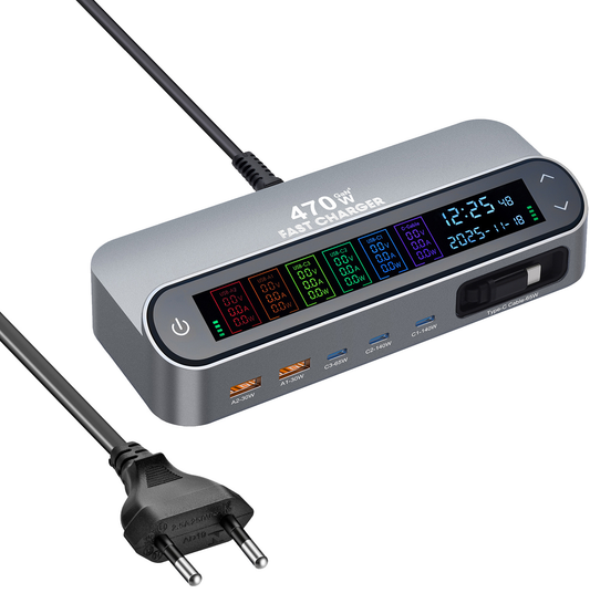 Incarcator Statie Cu Cablu USB-C OEM LCD470W, 470W, 5A, 2 x USB-A - 3 x USB-C, Gri