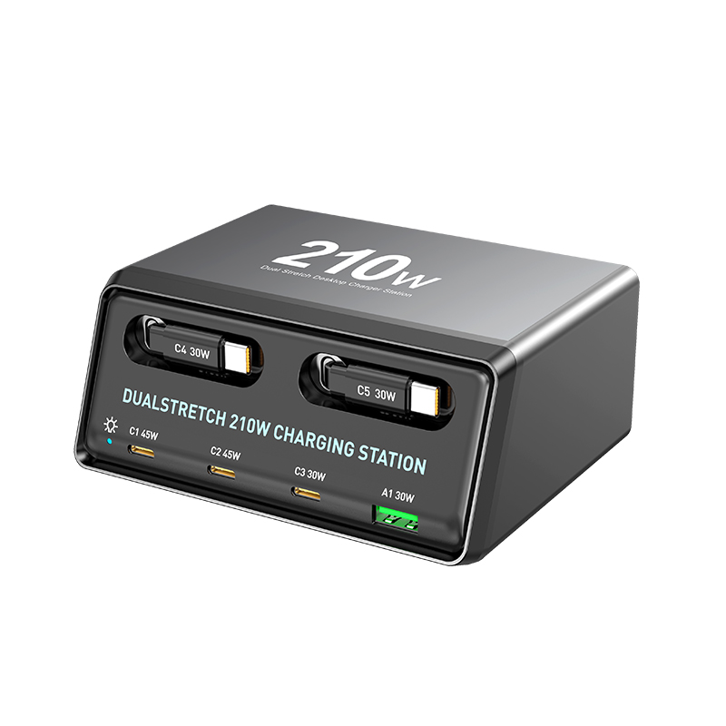 Incarcator Statie Cu Cablu USB-C OEM WLX-60E, 210W, 3A, 1 x USB-A - 3 x USB-C, Gri