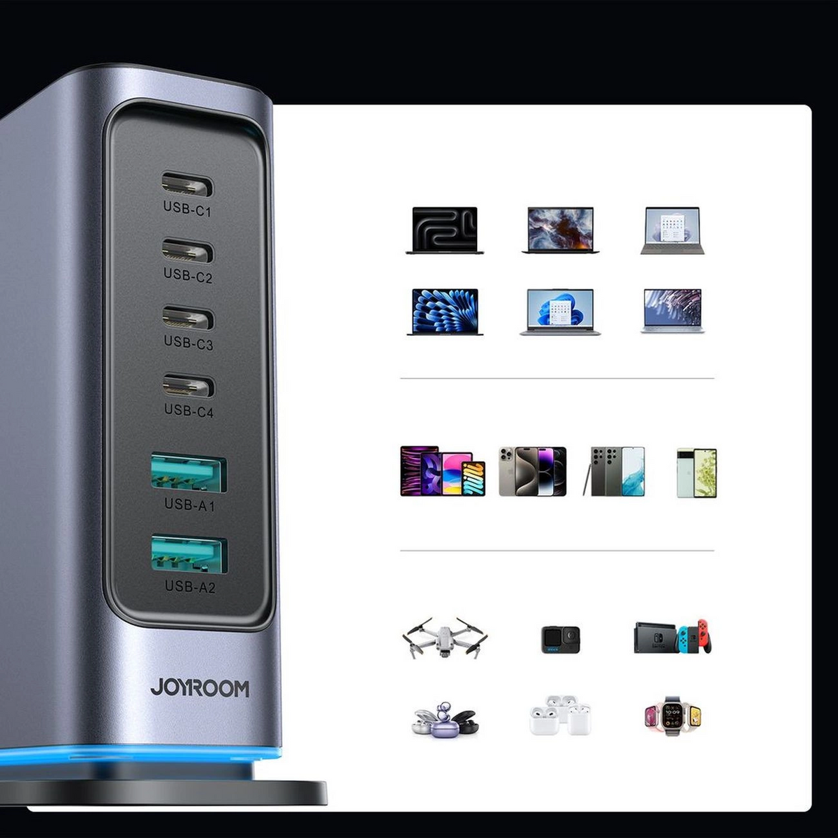 Incarcator Statie Joyroom JR-TCM02 UK, 65W, 3.25A, 2 x USB-A - 4 x USB-C, Gri