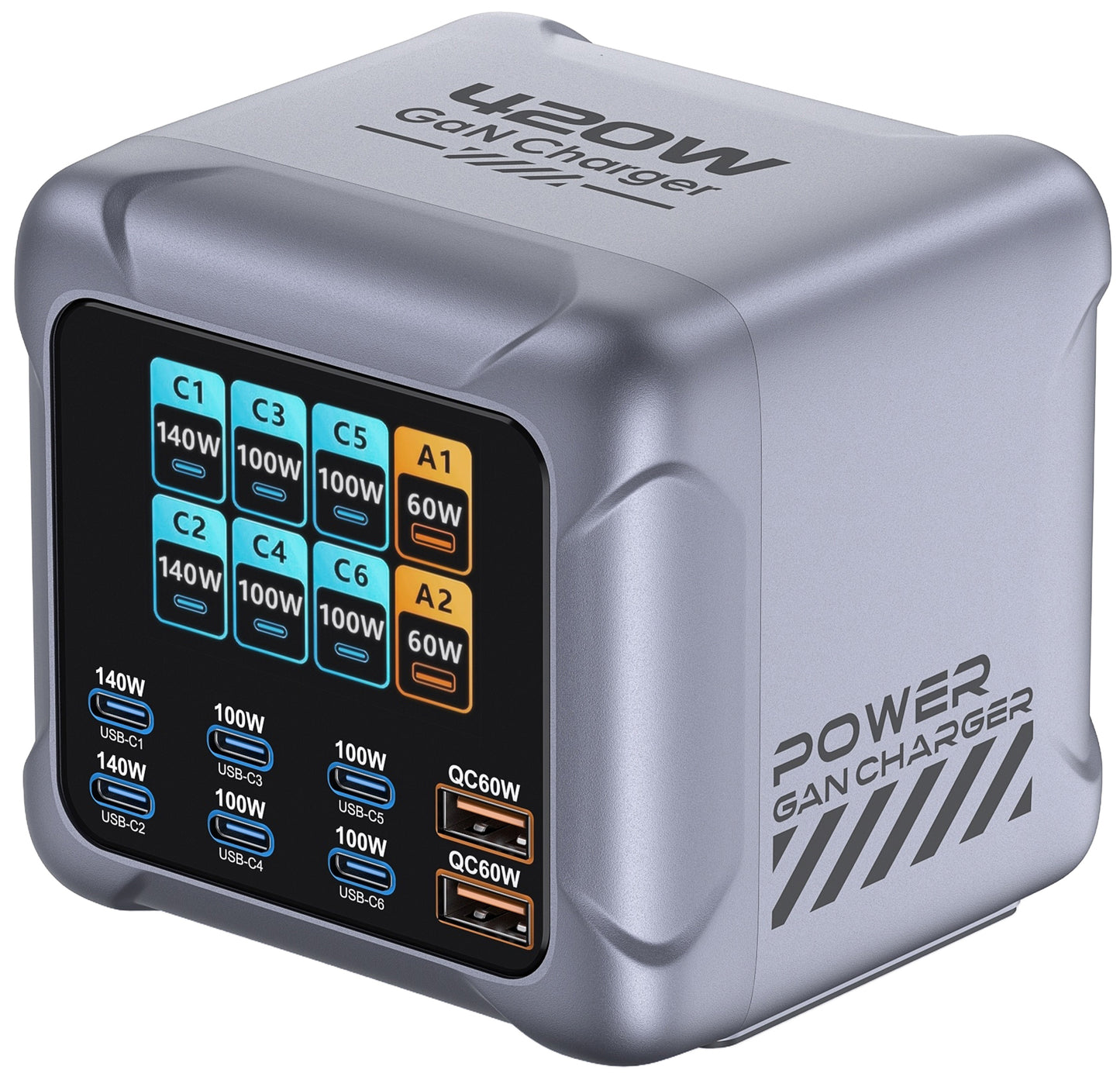 Incarcator Statie OEM BK-126D, 140W, 5A, 2 x USB-A - 6 x USB-C, Gri