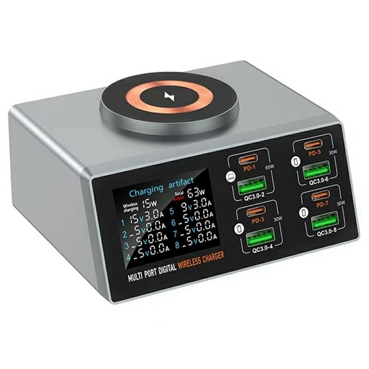 Incarcator Statie OEM WLX-X9S QI, 140W, 3A, 4 x USB-A - 4 x USB-C, Argintiu