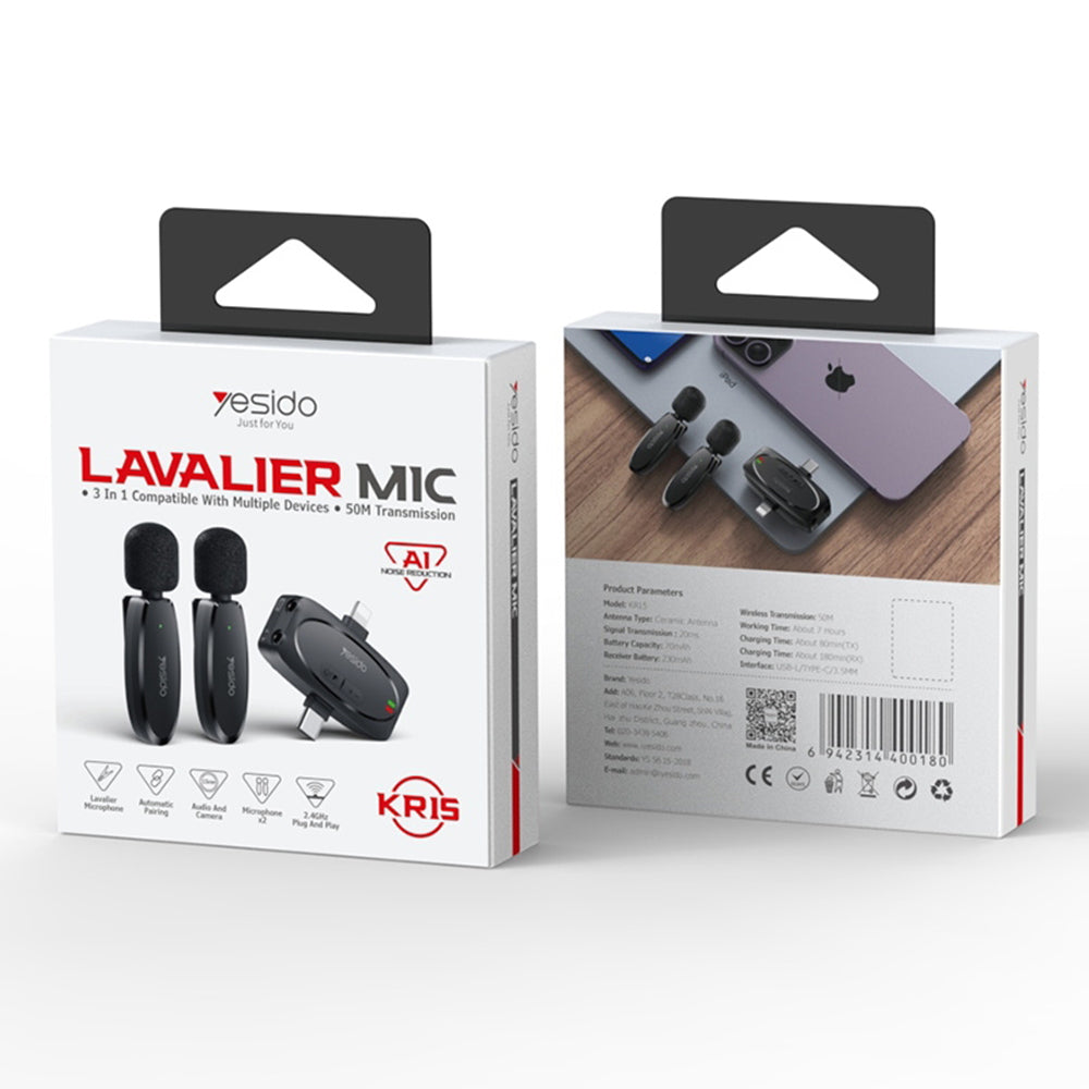 Lavaliera Yesido KR15, USB-C / Lightning, Set 2 bucati, Neagra