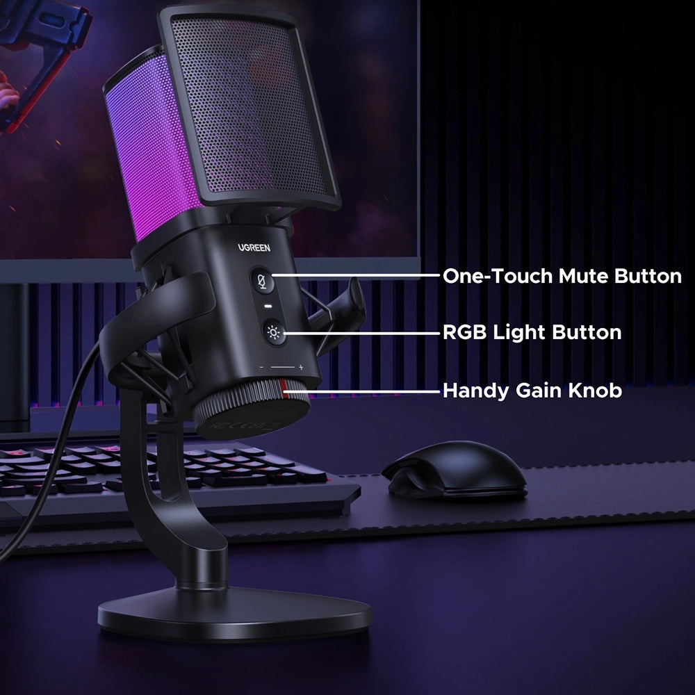 Microfon Cardioid UGREEN CM581 (65629), RGB, USB-C, 1.5m, Negru