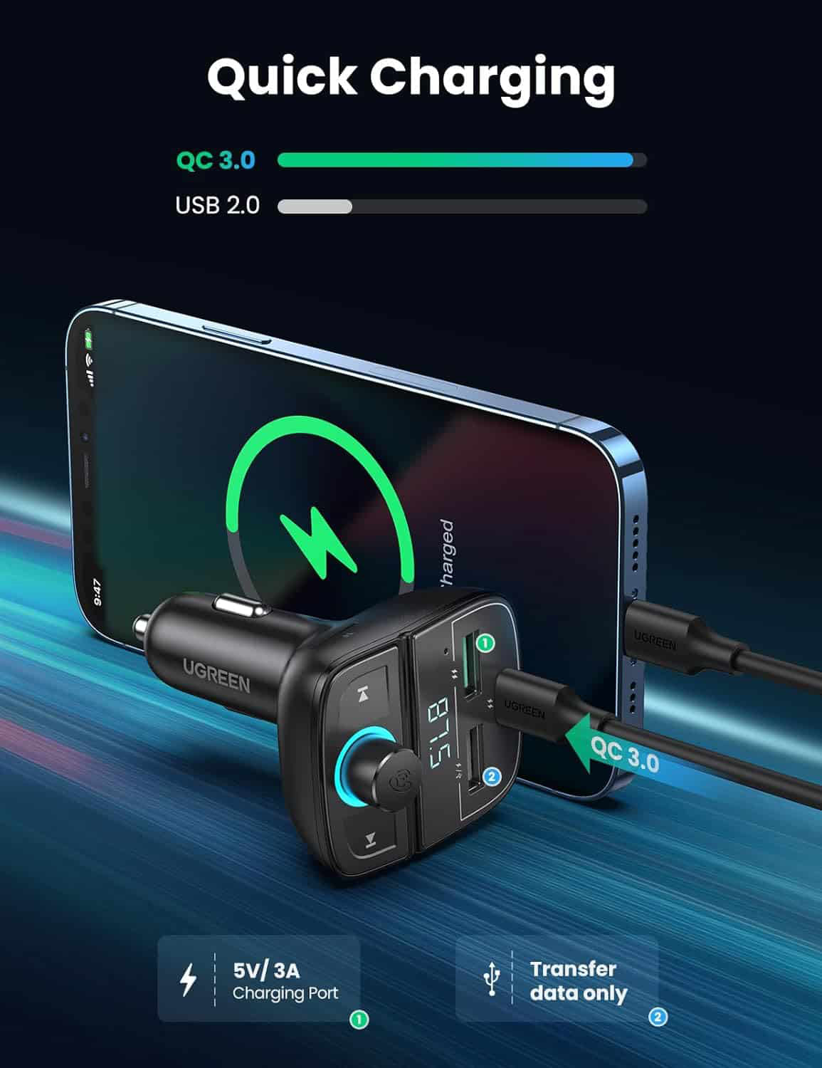Modulator FM Bluetooth UGREEN CD229, 2 x USB-A - 1 x USB-C - 1 x microSD