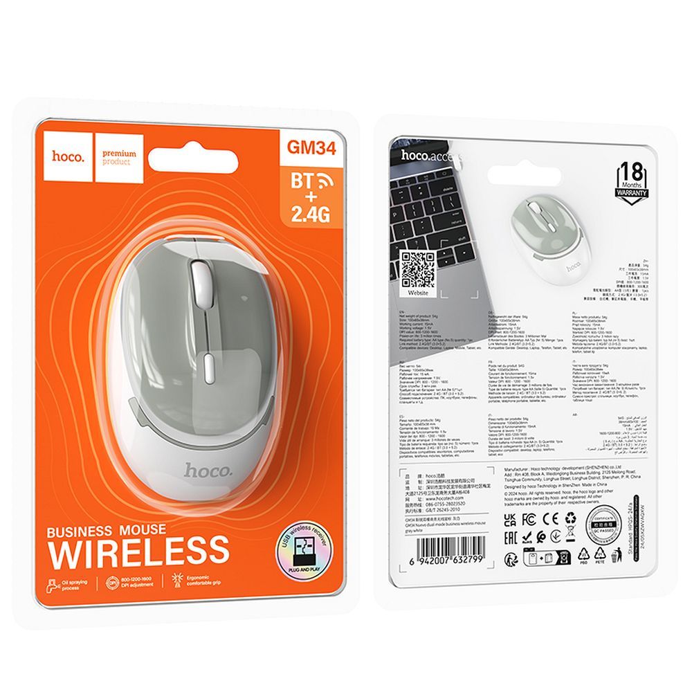 Mouse Wireless HOCO GM34, 1600DPI, BT / Wi-Fi, Gri