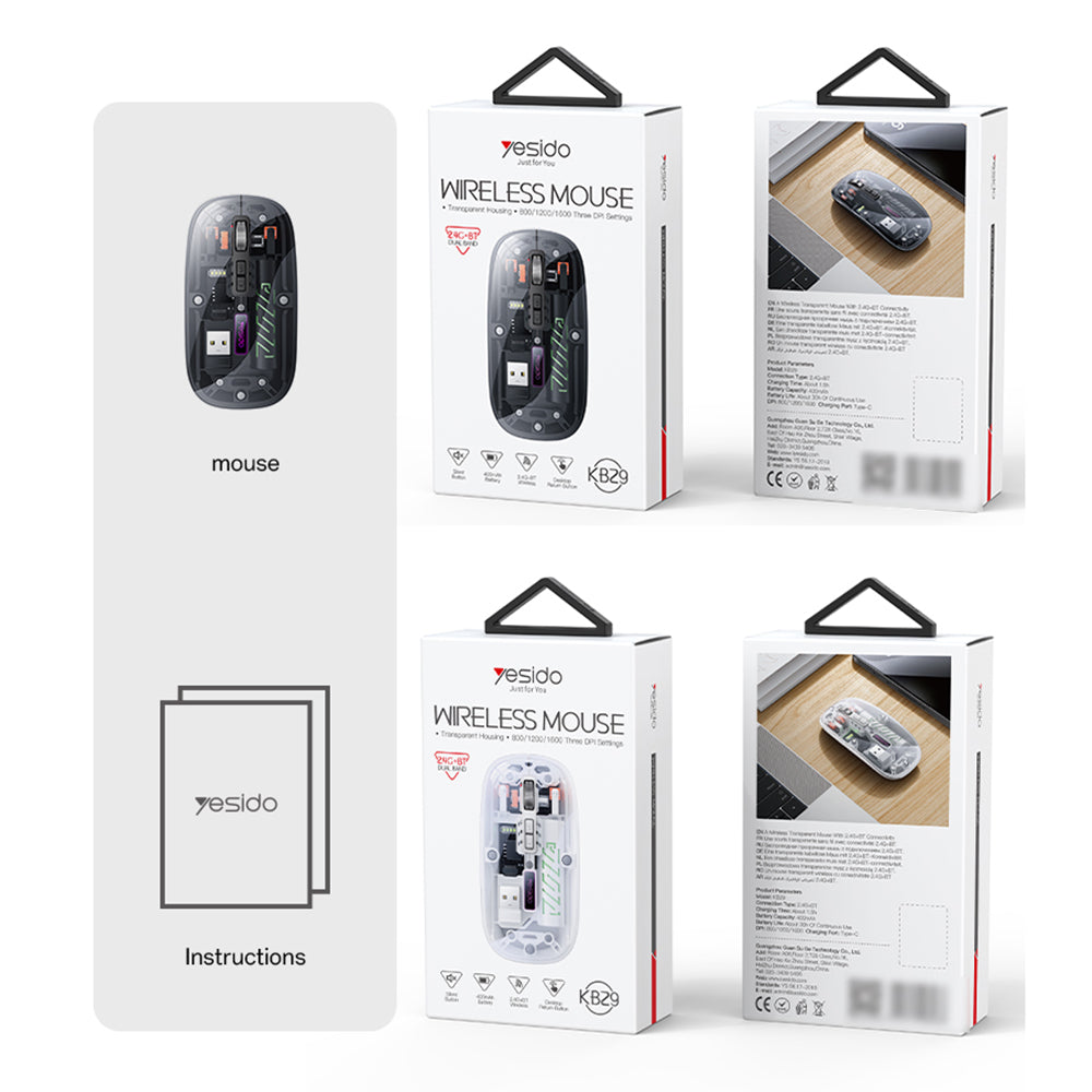 Mouse Wireless Yesido KB29, 800DPI - 1600DPI, BT / Wi-Fi, Negru
