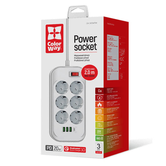 Prelungitor ColorWay, 6 x Schuko, Alb