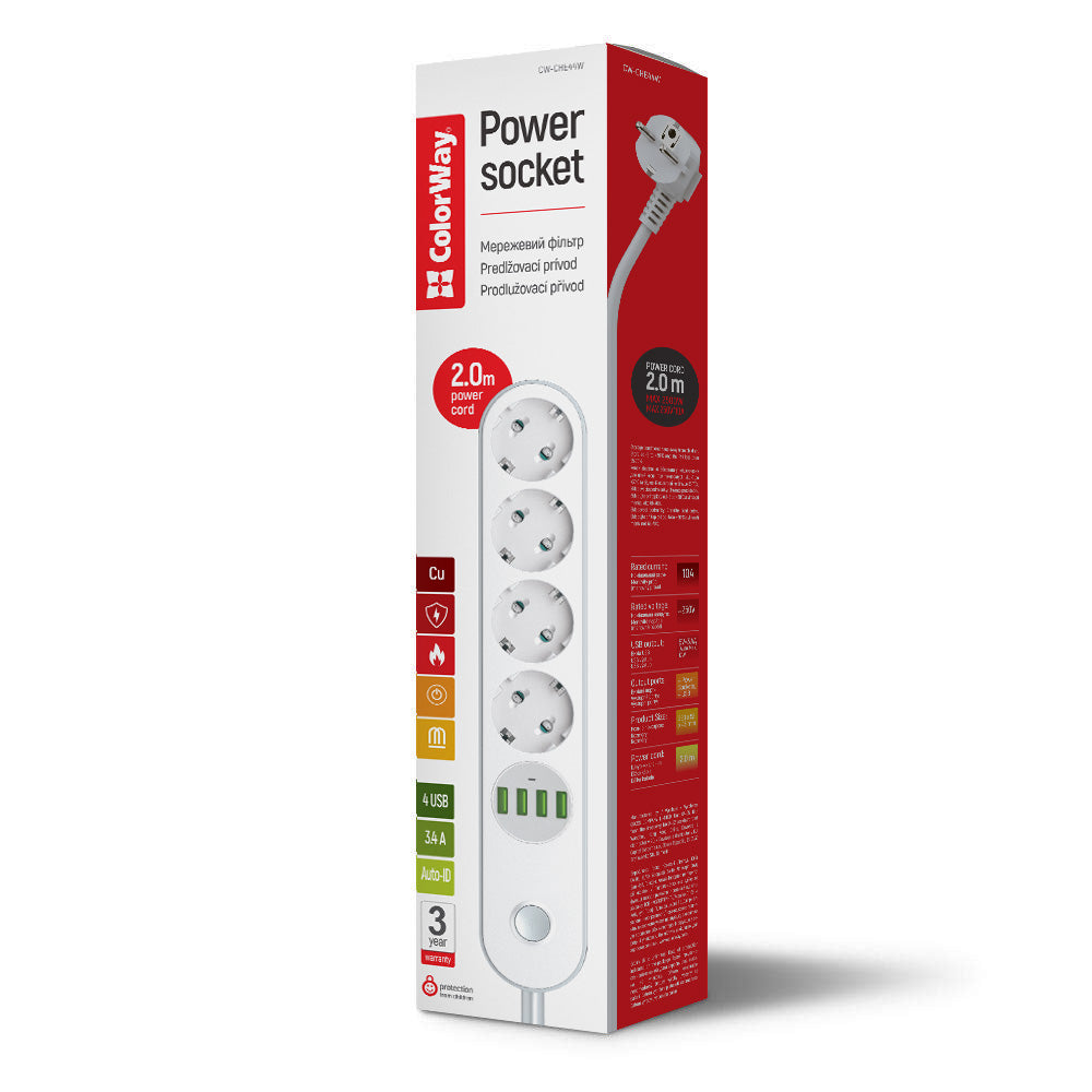 Prelungitor ColorWay, 4 x Schuko - 4 x USB-A, Alb