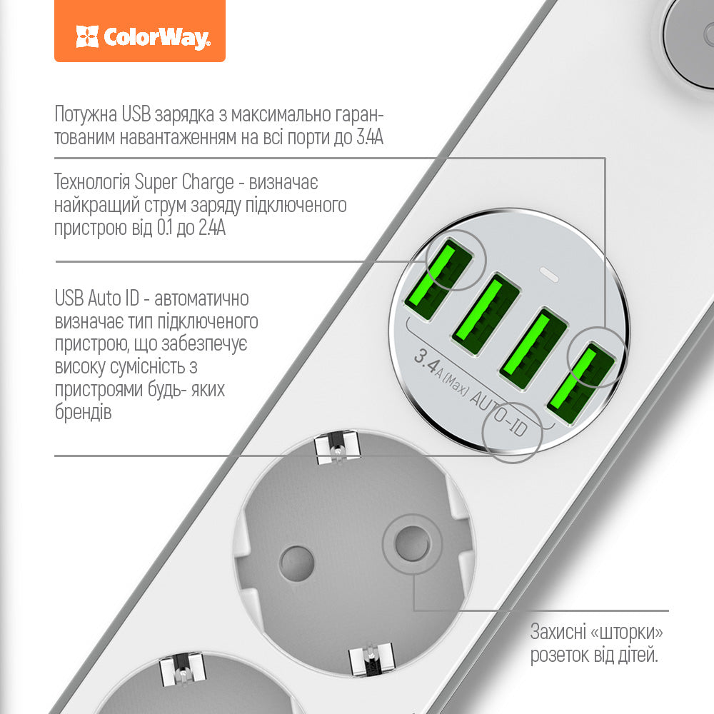 Prelungitor ColorWay, 4 x Schuko - 4 x USB-A, Alb