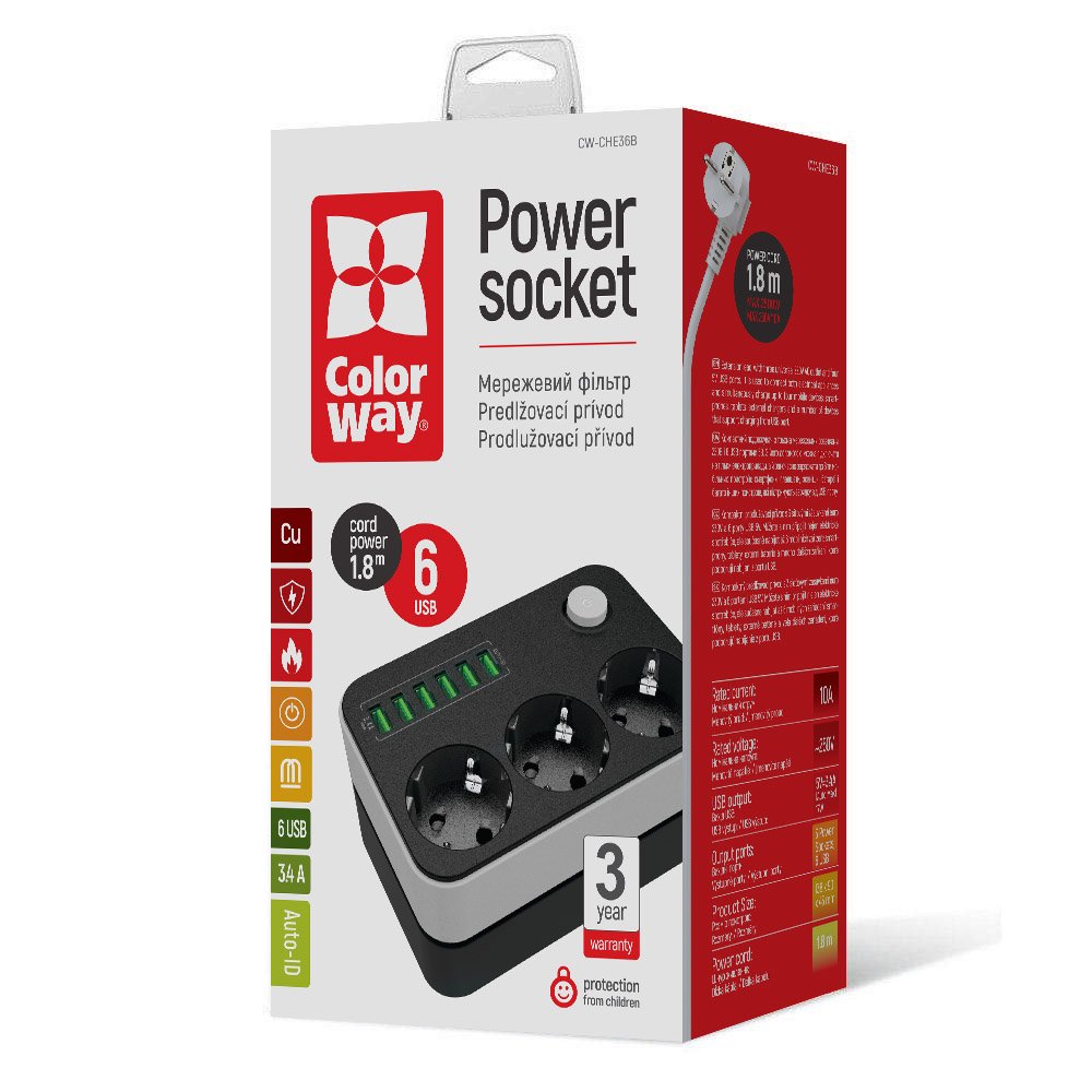 Prelungitor ColorWay, 3 x Schuko - 6 x USB-A, Negru