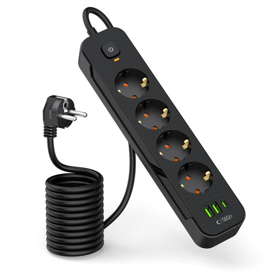 Prelungitor Tech-Protect PCL4X3, 1 x USB-C - 2 x USB-A - 4 x Schuko, Negru