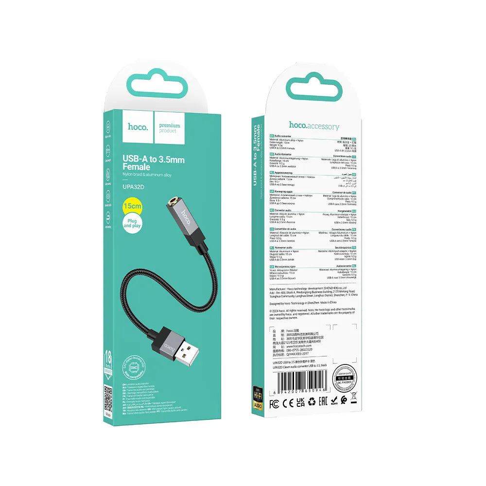 Adaptor Audio HOCO UPA32D, USB-A - 3.5mm, Negru