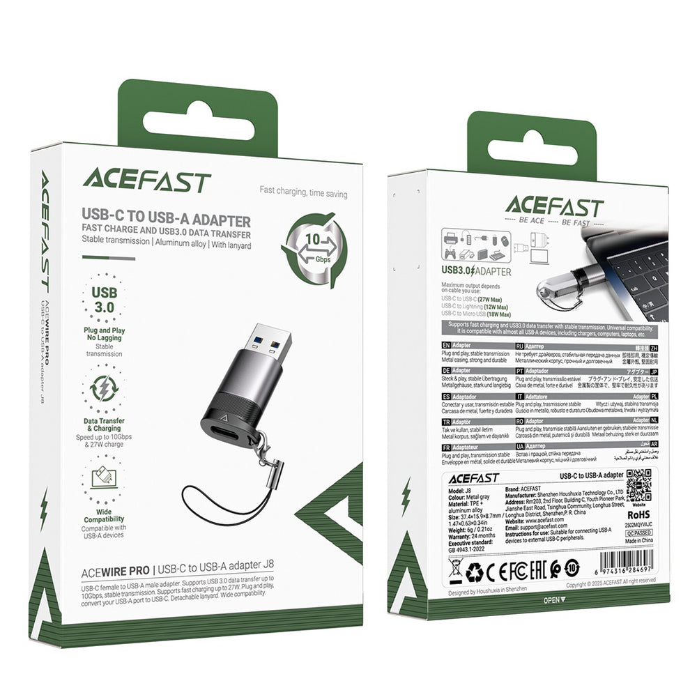 Adaptor Date si Incarcare USB-C - USB-A Acefast J8, Gri