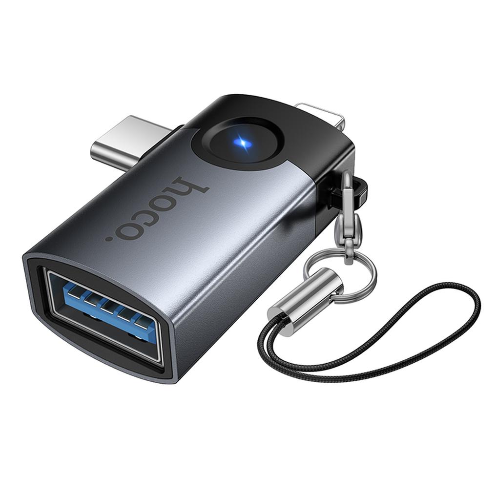 Adaptor OTG Lightning / USB-C - USB-A HOCO UA46D, Gri