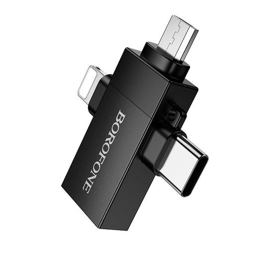 Adaptor OTG Lightning / microUSB / USB-C - USB-A Borofone BV26D, Negru