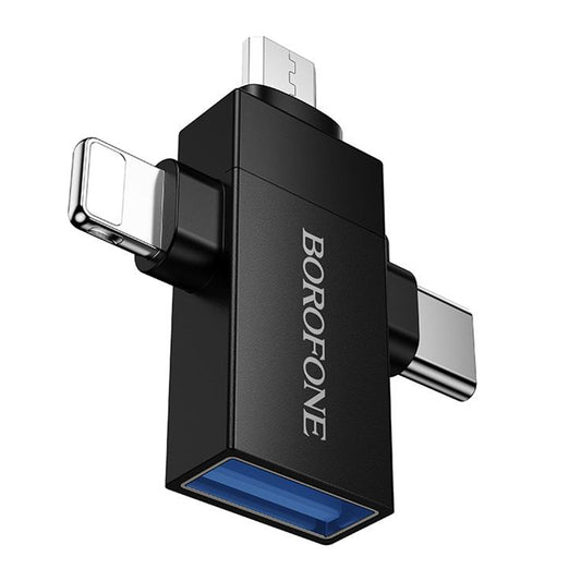 Adaptor OTG Lightning / microUSB / USB-C - USB-A Borofone BV26D, Negru